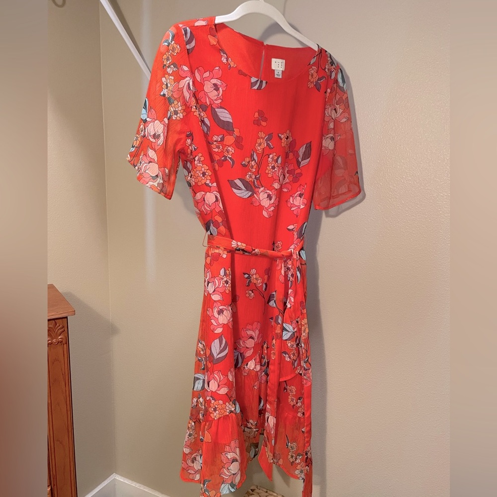 Flowy reddish-orange floral dress, size small.